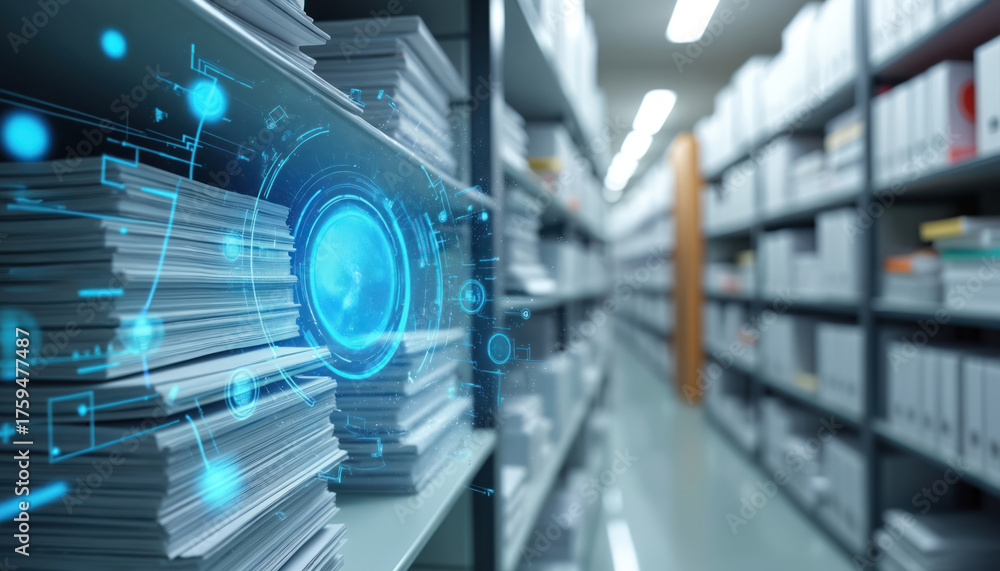 Fototapeta premium AI system digitizes, archives documents in office. Futuristic tech concept utilizes automated document processing. Digital transformation of paper files. Innovative data storage technology. Modern