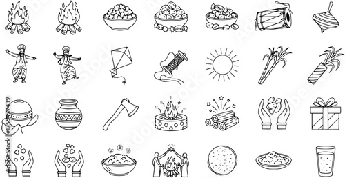 Indian Harvest Festivals Line Art Icon Set. Traditional Lohri, Makar Sankranti, Pongal Celebration Symbols: Bonfire, Kite, Dance, Sugarcane  Food.