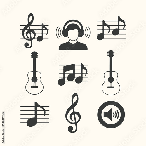 Vector art of collection of musical symbols and icons, including a treble clef, guitar, headphones, and musical notes, isolated on a light background