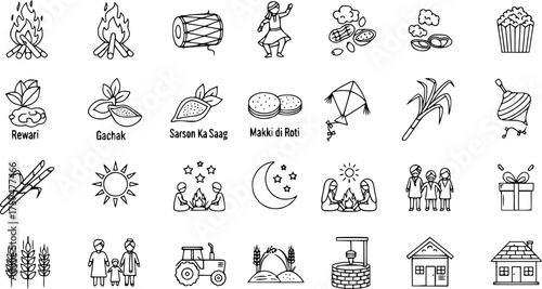 Lohri festival icons set. Traditional Punjabi harvest celebration symbols. Winter festival food, culture, agriculture, and family elements vector.
