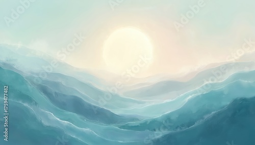 Dreamy abstract ocean waves with soft pastel teal and lavender sky. Gentle flowing patterns suggest serene water movement under a bright sun.