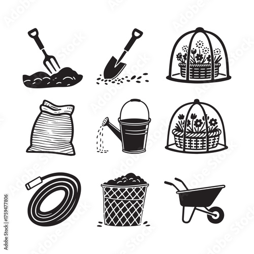 Black and White Gardening Tools Vector Set with Shovel, Hose, and Wheelbarrow. 
