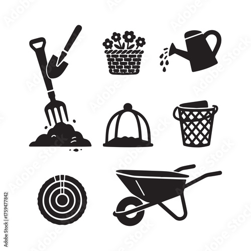 Black and White Gardening Tools Vector Set with Shovel, Hose, and Wheelbarrow. 