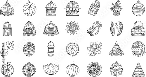Hand-drawn doodle line art collection of various ethnic, traditional, and festive ornaments, symbols, and decorative elements in black and white sketch style.