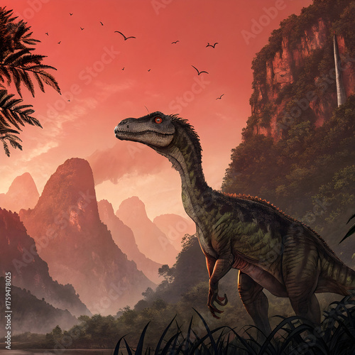 a dinosaur with a red sky and mountains in the bac