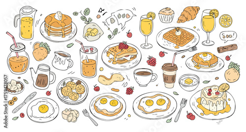 Delicious Breakfast Buffet and Brunch Spread Hand-Drawn Doodle Collection