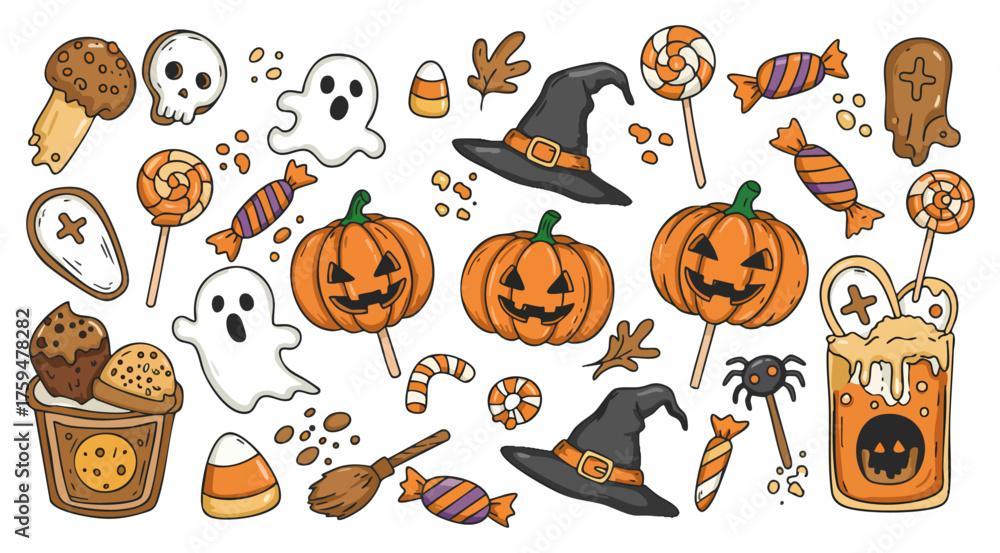 Fototapeta premium Spooky Halloween Festive Elements Hand-Drawn Doodle Collection