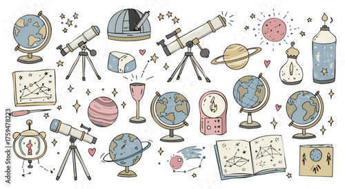 Intricate Astronomy and Space Study Tools Doodle Vector Set