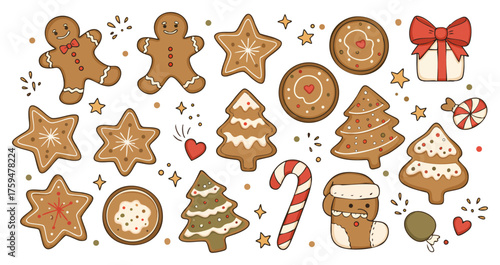 Festive Christmas Gingerbread Cookies Hand-Drawn Doodle Set