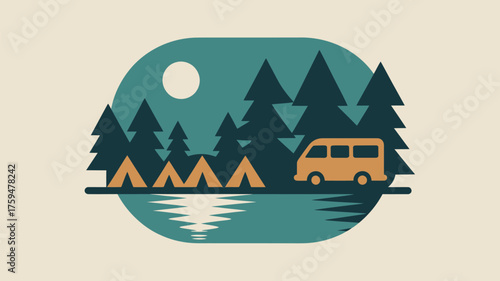 A graphic illustration of a campsite with a van tents trees and a moon by a body of water scene