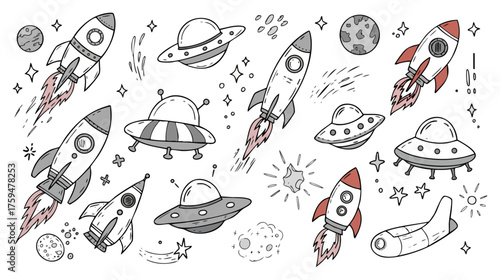 Dynamic Spaceship Rocket and UFO Hand-Drawn Outline Doodle Set