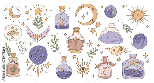 Mystical Alchemy Potion Bottles and Celestial Hand-Drawn Set