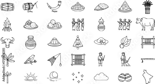 Assam Bihu Festival  Culture Icon Set: Traditional Assamese Drums, Japi, Dancers, Food, Buffalo, Weaving Loom  Nature Vector Art