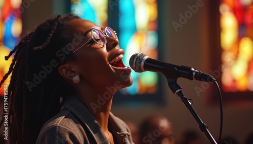 African american woman sings gospel music into microphone at church. Singer performs with passion with colorful stained glass windows background. Black vocalist with dreadlocks wearing glasses