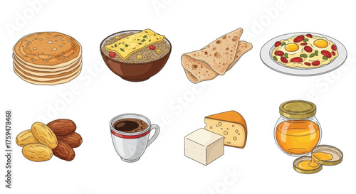 Collection of Various Breakfast Food Items and Drinks Including Pancakes, Cereal, Eggs, Coffee, Honey, Dates, and Cheese