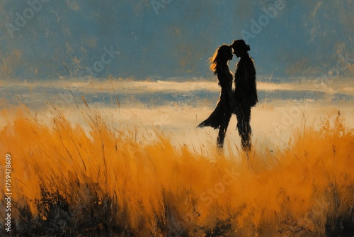 Couple shares a romantic kiss during sunset in a golden field