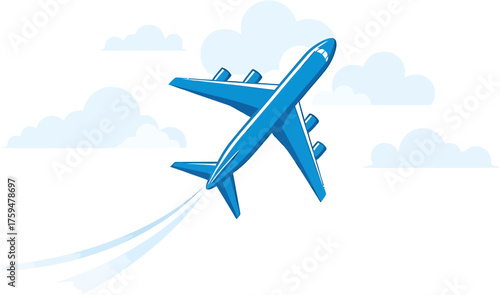Blue airplane flying through the sky amidst soft clouds with a trail behind it, symbolizing travel and movement