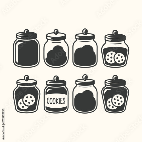 Vector art of collection of eight cookie jars in various styles, some filled with cookies, on a light background