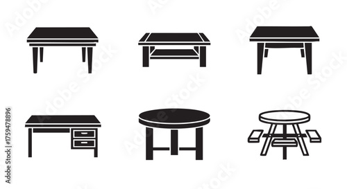 Black silhouette of different style tables on a white background simple design