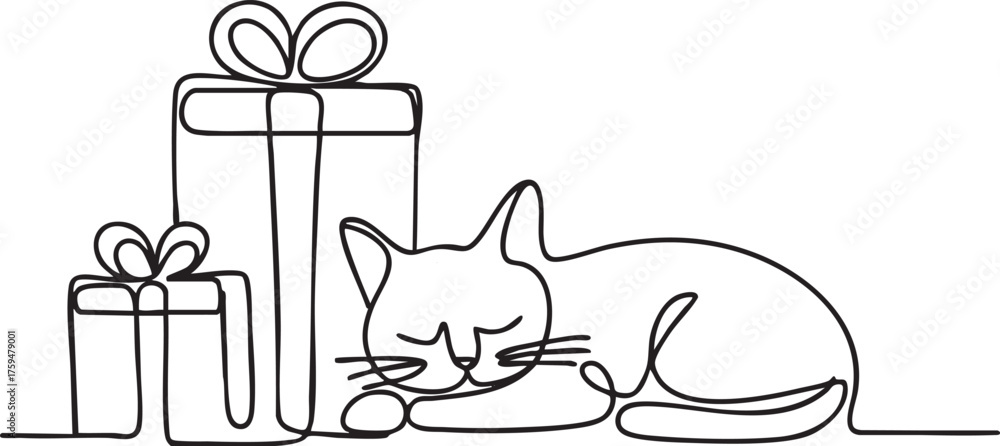Fototapeta Continuous one line drawing of a cat sleeping beside Christmas presents symbolizing peace, warmth, and festive holiday spirit in minimalist art style