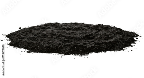 Loose black soil pile isolated on white background, organic earth for gardening and planting, perfect for agriculture and landscaping projects