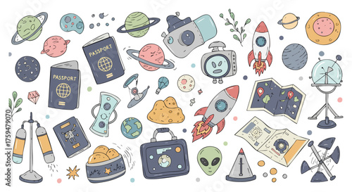 Galactic Space & World Travel Exploration Doodle Set