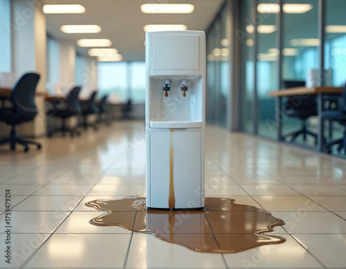 Faulty workplace water cooler leaks brown drink. Big puddle of coffee like liquid covers tiled floor. Stains run down front of machine in empty room. Mess needs urgent cleanup from facility worker.