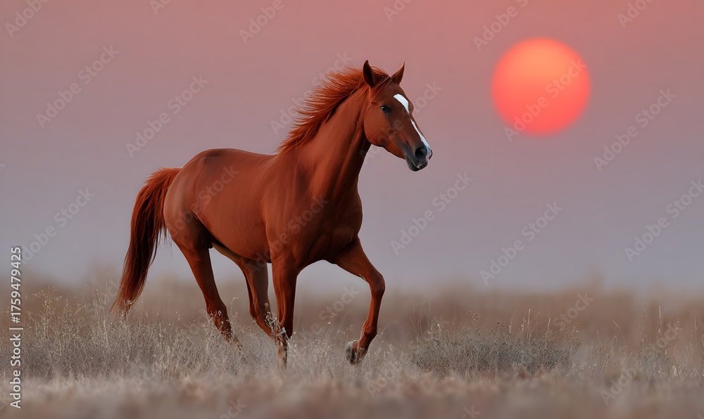Obraz premium running red horse with flaming mane in full growth in red against the background of a red sun
