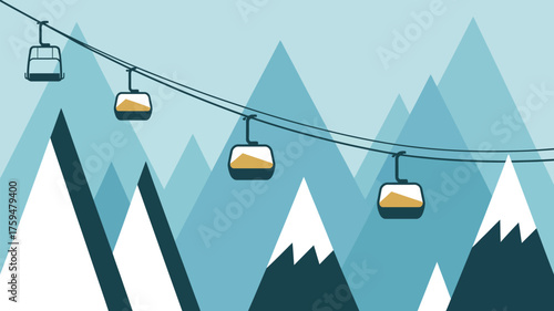 Illustration of ski lift chairs over mountains with snow caps in a winter landscape scene