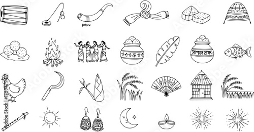 Black and white doodle vector illustrations of traditional Bengali culture, Pohela Boishakh (Bengali New Year) items, harvest festival elements, and rural life objects.