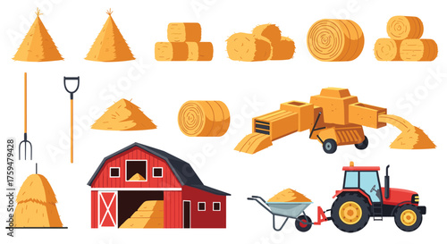 Collection of rural farm equipment and harvested crops.