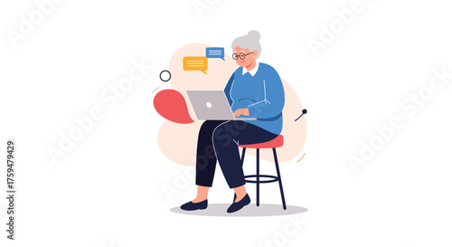 Elderly woman using a laptop to communicate online and stay connected with others.