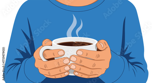 Warm hands holding a steaming cup of coffee on a cool morning.
