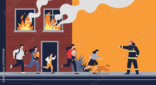People and a dog evacuate a burning building while a firefighter directs them away from danger.