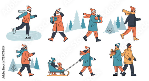 Winter scenes of people enjoying the snowy landscape and holiday season outdoors.