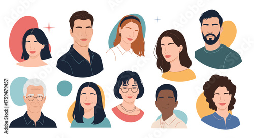 A diverse collection of illustrated portraits representing people of various ages and ethnicities.