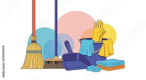 A collection of cleaning supplies including brooms a dustpan gloves and sponges.