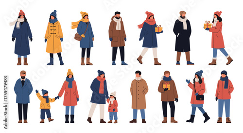 A group of diverse people dressed warmly in winter clothing is standing and walking around in the snow and ice.