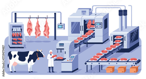 Automated meat processing plant with cow and workers involved in production.