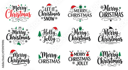 Collection of merry christmas greetings and typographic designs.