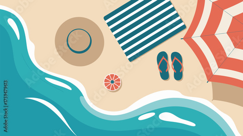 A beach scene with a hat, towel, flip flops, umbrella, and citrus fruit near the ocean waves