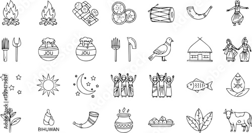 Assamese Bihu Festival Line Art Icons Set: Traditional Culture Symbols, Food, Dance, Music Instruments, Nature, and Festive Elements from Assam, India.