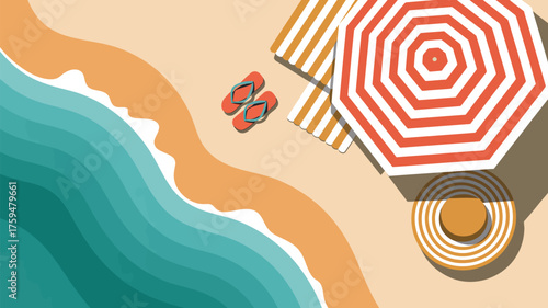 Aerial view of beach with umbrella, towel, flip flops, and hat on a sunny day in a flat style