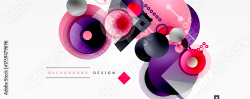 Abstract geometric shapes, circles, lines create modern design. Purple, gray tones dominate composition. Minimalist aesthetic.