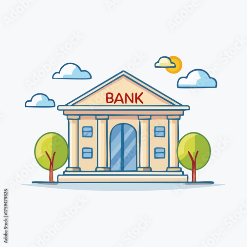 Bank Building Illustration with Trees and Sky Elements.