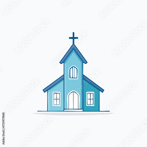 Blue Church Building with Cross Icon Illustration.