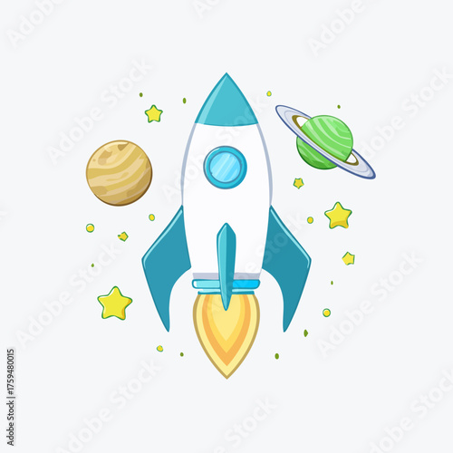 Cartoon Rocket Ship Flying Through Space with Planets and Stars.