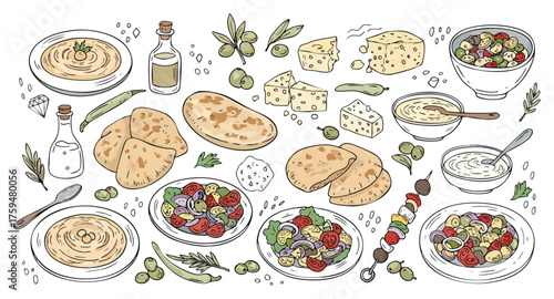 Authentic Mediterranean Food and Fresh Ingredients Doodle