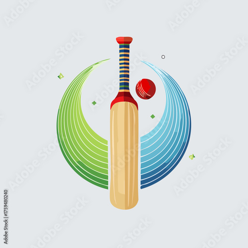 Cricket Bat and Ball with Abstract Swirls.