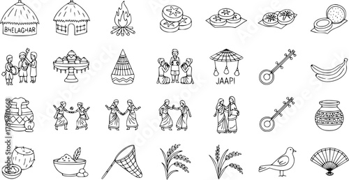 Assamese Bihu Festival Elements Vector. Hand-drawn line art icons of Assam culture: Bhelaghar, Jaapi, M?ji, Bihu dance, instruments, and traditional food.